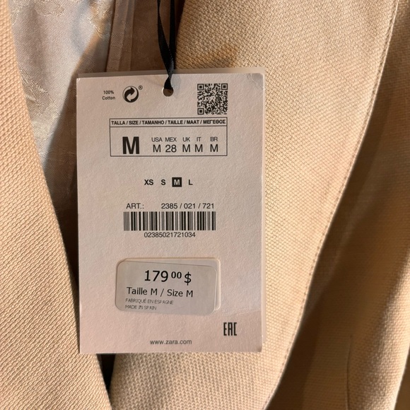 ZARA Sz M Tie Front Blazer Cotton Linen Blend Lined Made in Spain Pockets NEW - Picture 2 of 12